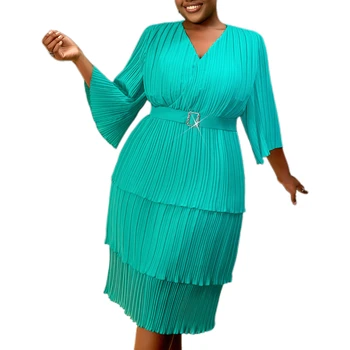 AM040936 Stocking V Neck Bell Sleeves a Line Sundress Tiered Pleated Women Summer Chiffon Office Dresses