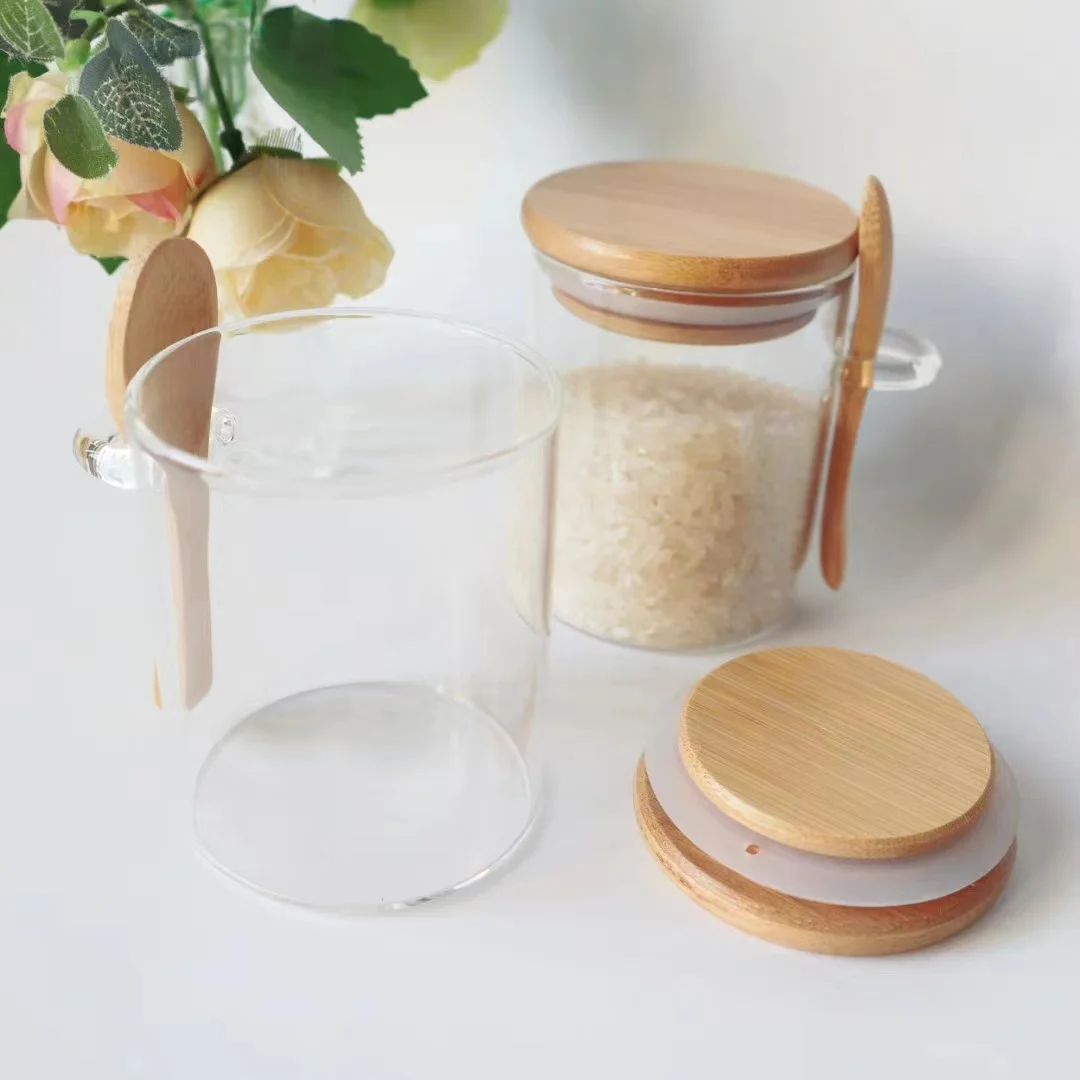 Bamboo Lid Silicon Ring With Spoon Glass Canister Jar For Kitchen