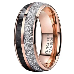 Coolstyle Jewelry 8mm Wholesale Meteorite Carbon Fiber Inlay Rose Gold Tungsten Ring Men Women Fashion Engagement Wedding Band