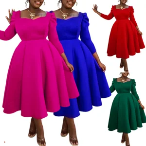 D3354 Fashion Autumn&winter Ladies Dresses Women Casual Square Collar High Waist A-line Dress African Dresses for Women Clothing