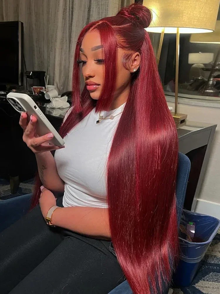 Burgunderrote, glatte Perücke aus menschlichem Haar, 13 x 4 Spitzenfront, brasilianisches Remy-Haar, weich für Frauen_voghion.com