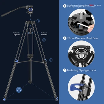 Neewer Professional Heavy Duty Video Tripod, Fluid Drag Head, Support Left/Right Bar Handle for DSLR Cameras Video Camcorders detail image
