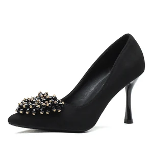 Classy Women's Summer Black Suede Slip-On Pointed-Toe Stiletto Heel Pumps with Gold Rhinestone Cluster Detail Wedding Shoes
