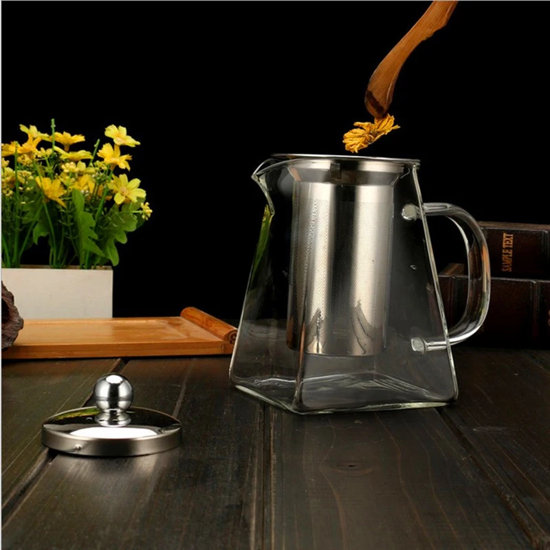 Heat Resistant Borosilicate Glass Tea Pot With Stainless Steelbamboo Lid With Tea Infuser Pot