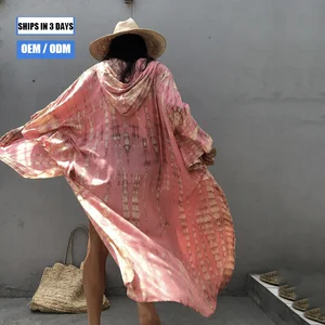 Women's Hooded V-Neck Printed Cardigan, Loose Fit, Plus Size, Quick-Drying, Eco-Friendly, Sun-Protective Jacket, Bikini Cover-Up