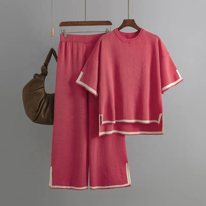 2024 Wholesale Temperament Contrast Color Split Short Sleeve Sweater High Wais Slimming Wide Leg Long Pants Two Pieces Set