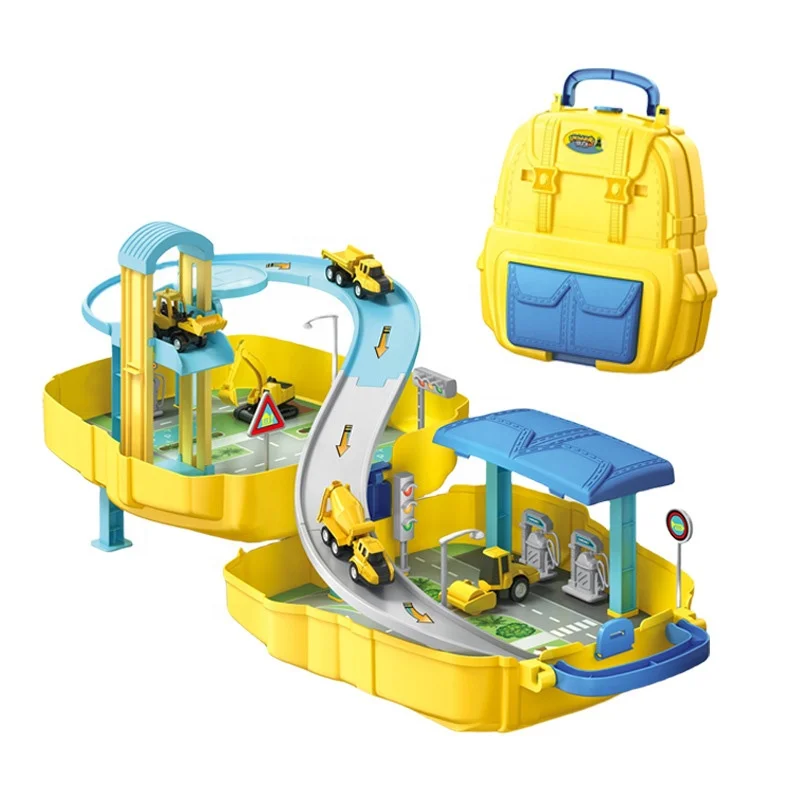 Kid Pretend Play Track Parking Lot Toy Backpack Model DIY Assembly Ramp Track Lifting Parking Garage Play Set with Alloy Vehicle