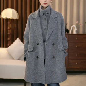 OEM ODM Women's Elegant Korean Style Double-Sided Cashmere Woolen Stand Breathable Winter Jacket Button Decoration Long Length