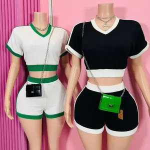 Huili Manufacturer Short Sleeve Crop Top & Shorts Sports Wear 2025 Loungewear Knitted Custom logo Two Piece Set Women Clothing