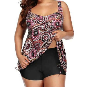 Custom Women Plus Size One-Piece Tankini Swimsuit Floral Print Spandex/Nylon Swimdress with Shorts