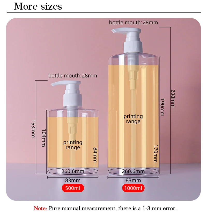 500 1000ml Clear Lotion Pump Bottle Pet Plastic Round Shampoo Bottle