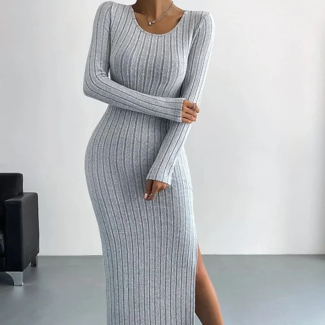 2025 Spring New Women's Long-sleeved Round-neck Split Knitted Long Tight Casual Dress Women   Women's Party Casual Sexy Dress