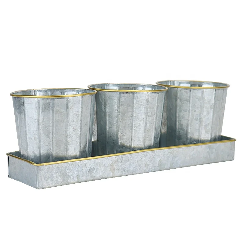 Оцинкованные металлические садовые цветочные горшки и горшки, набор горшков для растений, суккуленты с лотком и отверстиями для слива для помещений и улицы