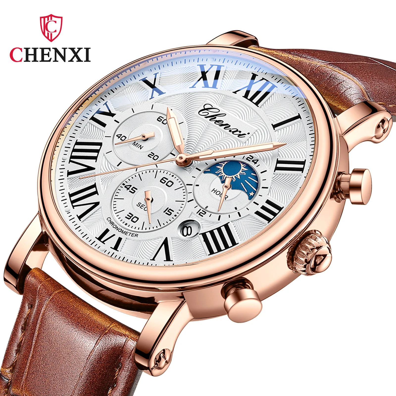 CHENXI 973 Men's Quartz Chronograph Watch - Luxury Leather, Moon