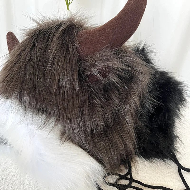 Fluffy Faux Fur Bull Horn Ear Protection Hat for Winter