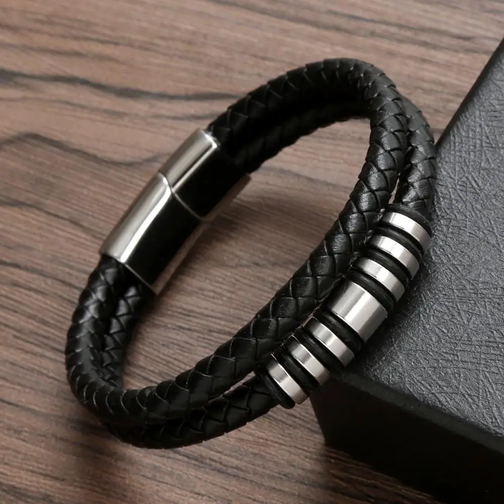 Black Double Layer Leather Bracelet