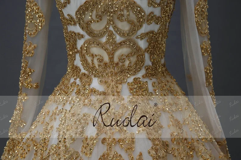 Ruolai Yasa-020 Vintage Custom Made Beads White And Gold Applique Bride Ball Gown Muslim Full Skirt Long Sleeve Wedding Dress Ruolai Yasa-020 Vintage Custom Made Beads White And Gold Applique Bride Ball Gown Muslim Full Skirt Long Sleeve Wedding Dress