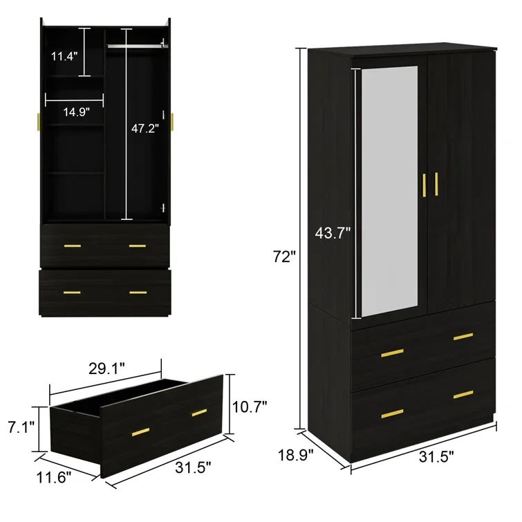Modern Wooden Bedroom Furniture Clothes Organizer Wardrobe Closet Storage Cabinet Armoire with Glass Partitions and Clothes Rail
