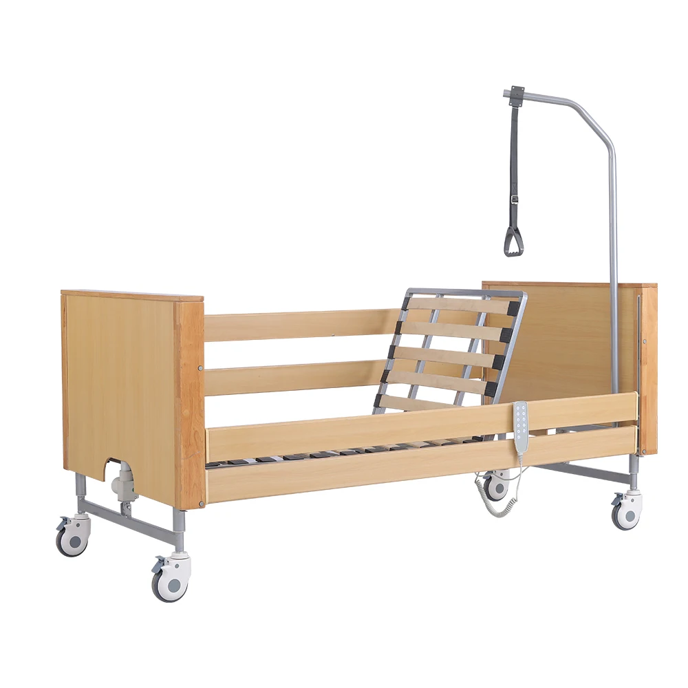 Wood Headboard Three Function Electric Hospital Bed - Iron Rail Adjustable Bed with Training Stand Attachment 2