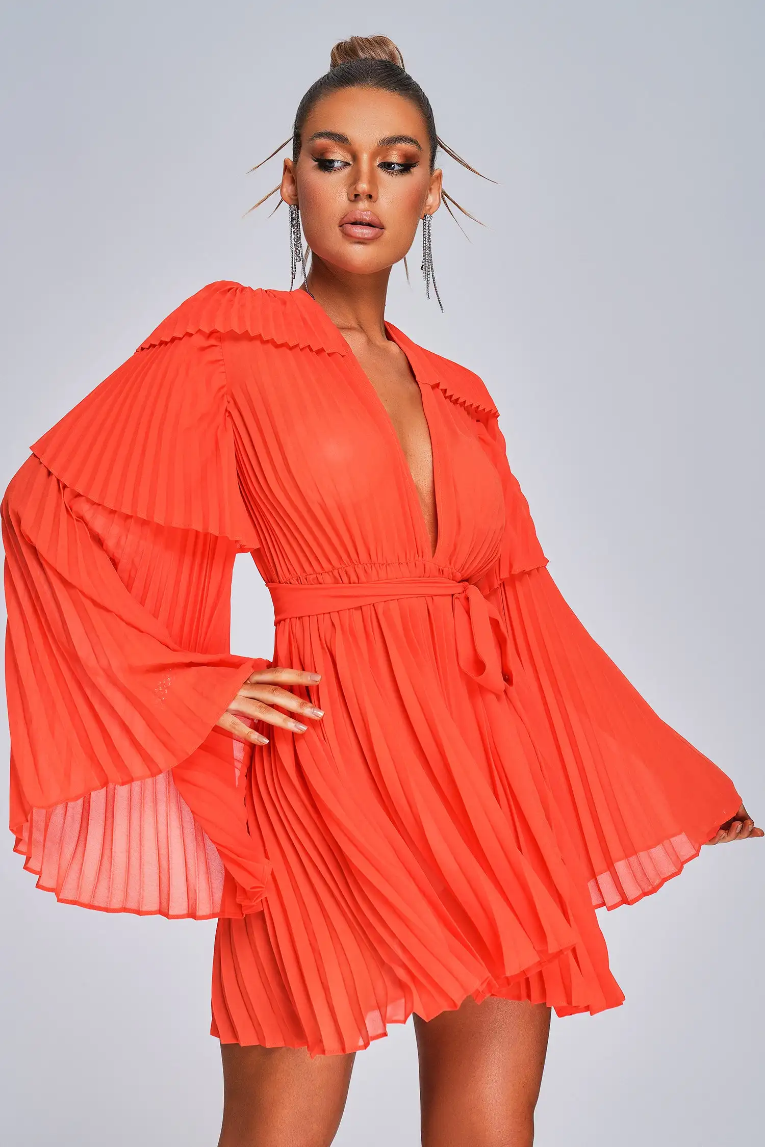 BEISHI Women Long Sleeve Orange Loose Mini Pleated Chiffon Casual Dress  Women Clothing