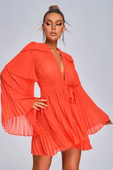 BEISHI Women Long Sleeve Orange Loose Mini Pleated Chiffon