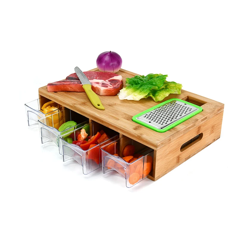 Bamboo Cutting Board with 4 Organizing Trays and 2 Graters