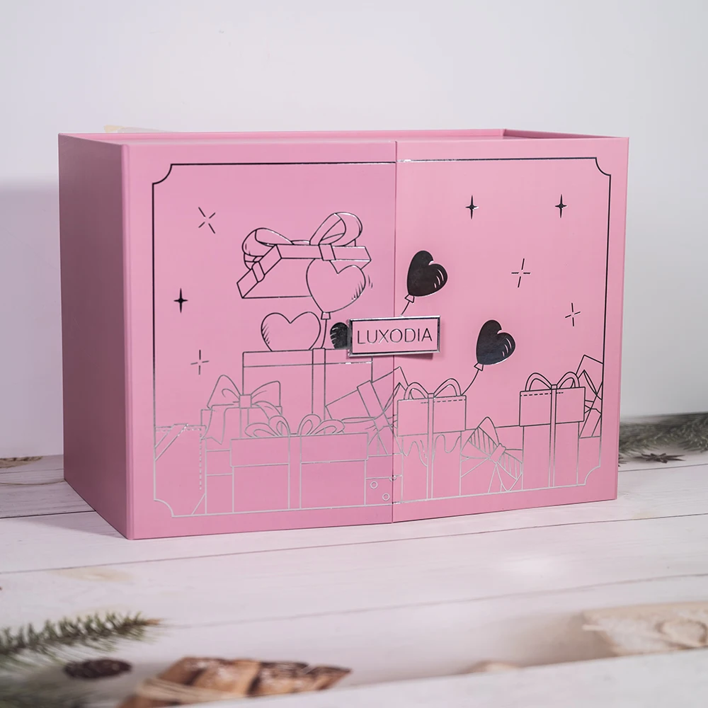 product high end silver stamping customized logo double door valentines day magnetic closure pink calendar blind gift box-5