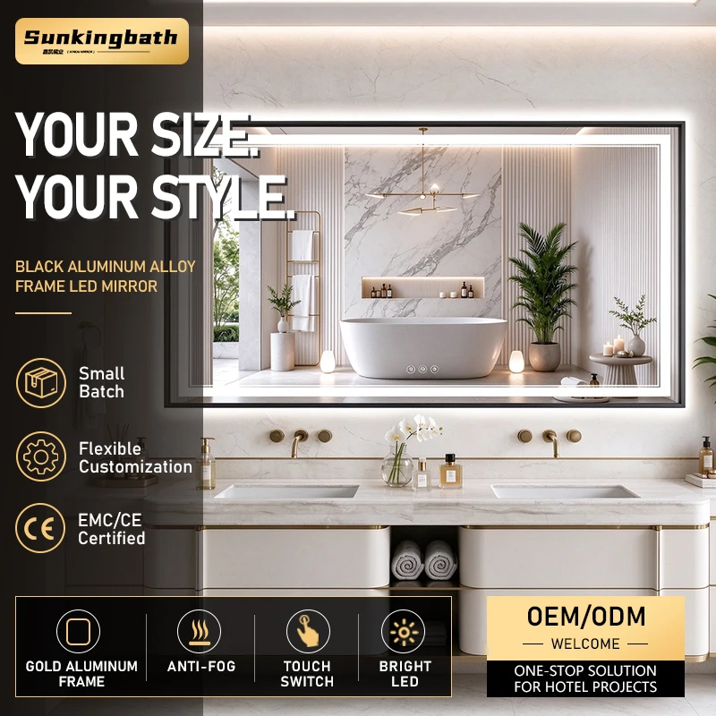 Hotel Project Rectangle Led Bathroom Mirror Customized Size Black Aluminum Alloy Framed Mirror Touch Smart Mirror with Led Light