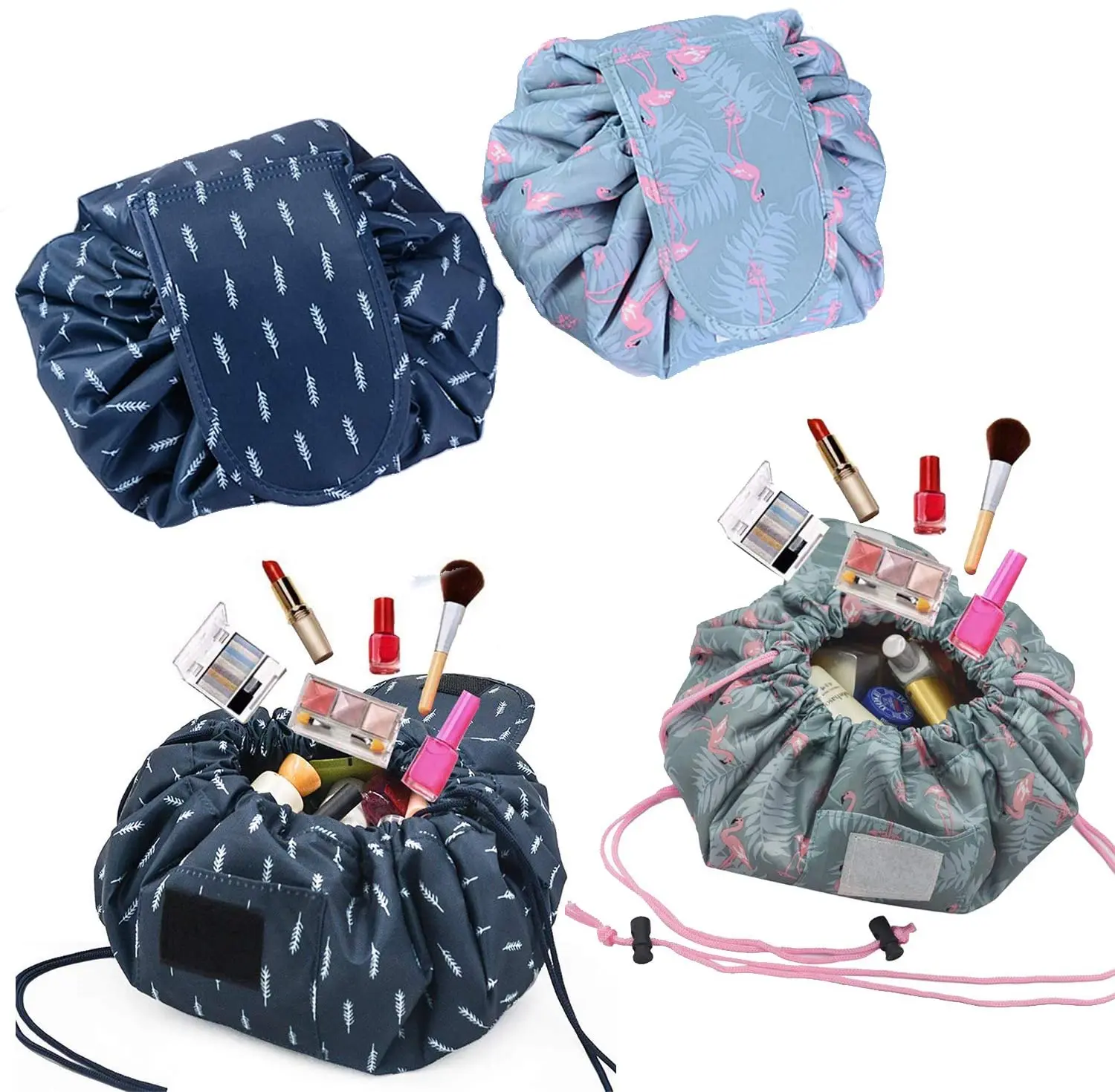 1pc Drawstring Makeup Bag,Magic Cosmetic Pouch Bag Drawstring,Lay Flat  Waterproof Travel Makeup Organizer Pouch(Flamingo)