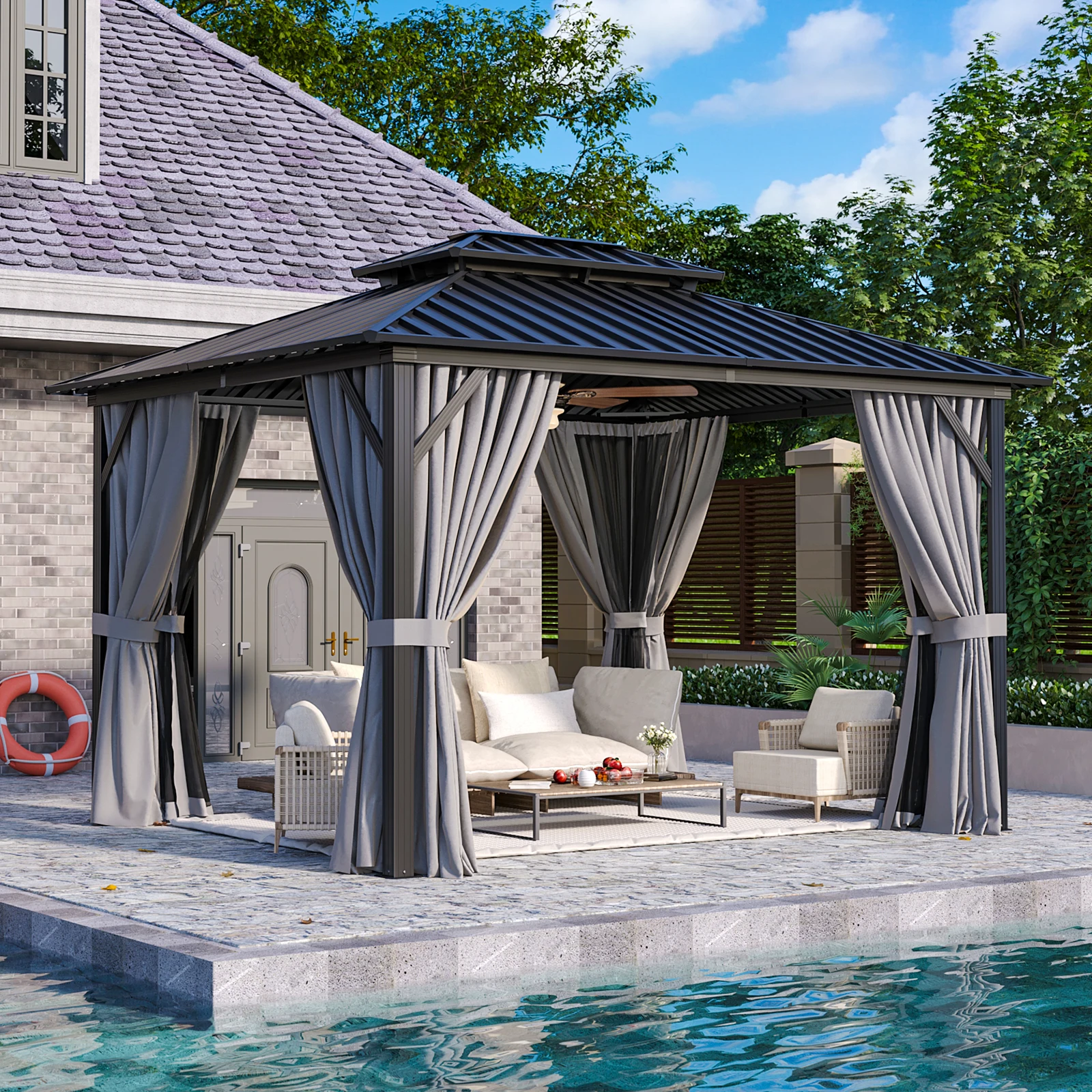 蚊帳パーゴラとパビリオンの機能を備えた、よく設計された屋外
