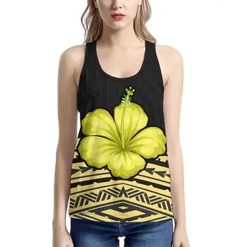 Yellow Hibiscus Flowers Polynesian Tribal Printed Tops Women Summer Sleeveless Tank Top Round Neck Cross Back Casual Gym Vest