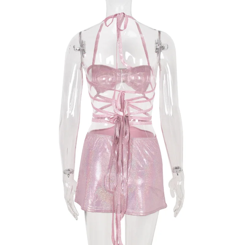 Glitter Pink Two Piece Set Fairy Grunge Crop Top Mini Skirt Summer Clothes  Sexy Club Rave Festival Outfit