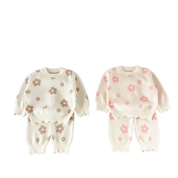 Ins Girls' Baby Cotton flower wool suit Infant Toddler loose sweater top loose trousers