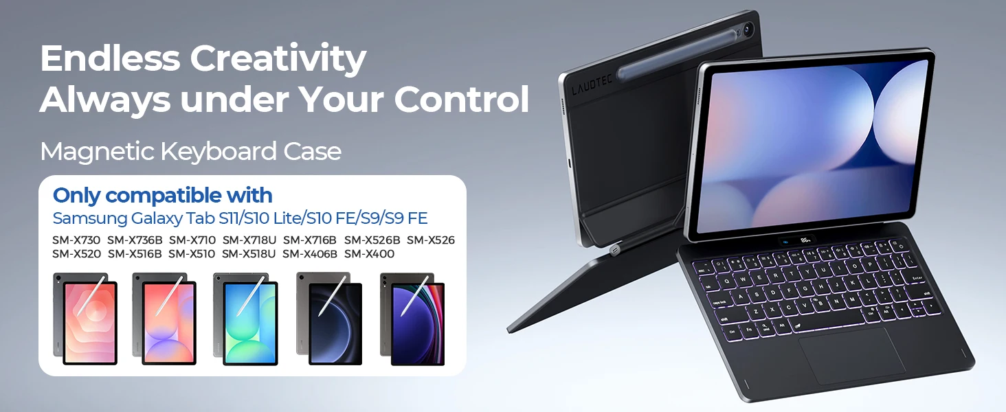 product laudtec magnetic keyboard case for samsung tab s9 11 7 color backlit trackpad lcd display 64 key pu leather-2