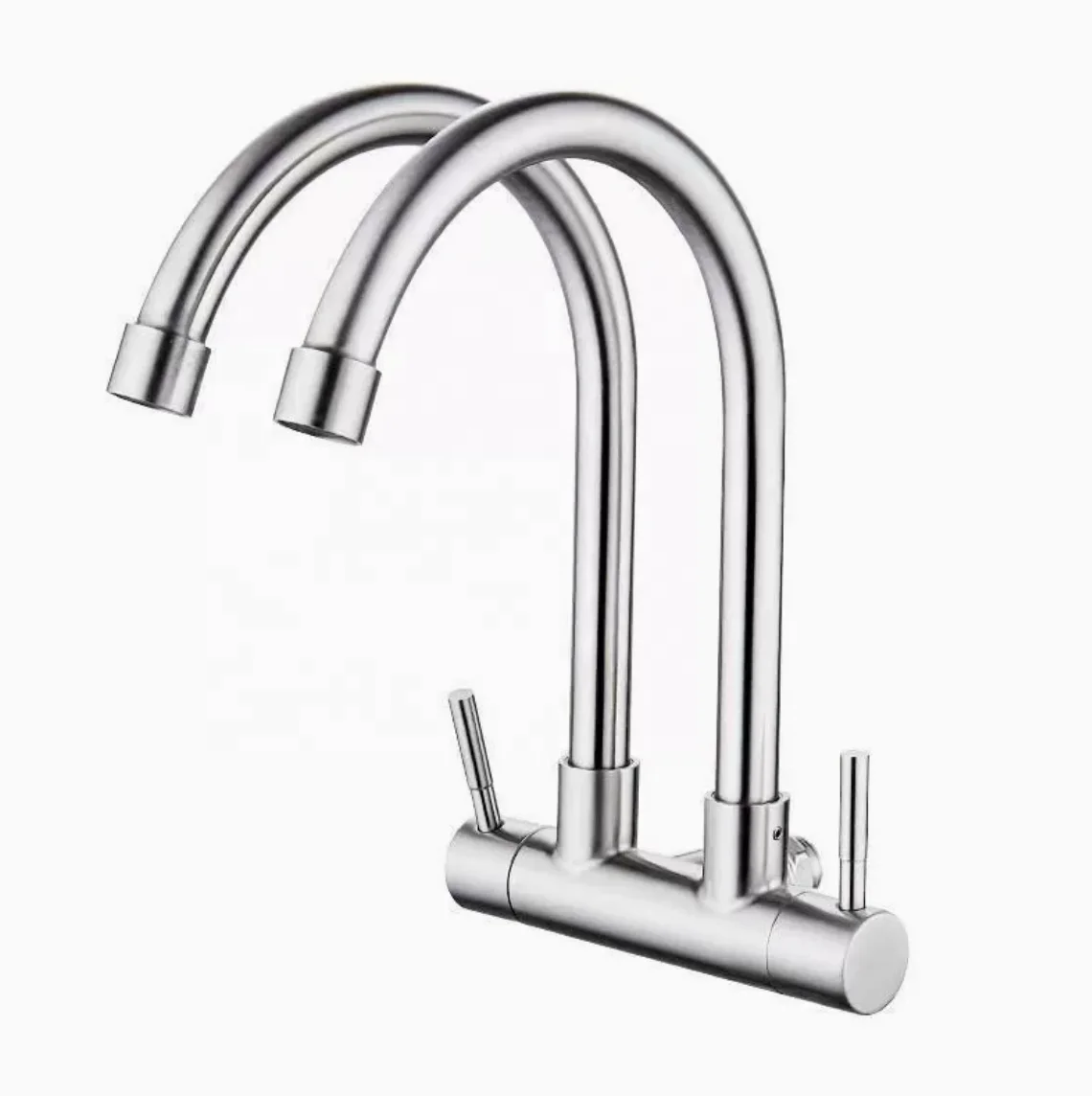 Commercial SS304 Modern Wall-Mounted Dual Spout Kitchen Faucet Double Handle High Arc Mixer Tap OEM Industrial Sinks Ceramic