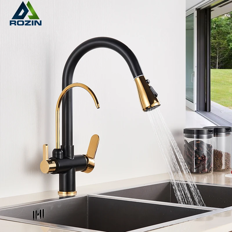 Luxury Black Gold Filtered Crane For Kitchen Pull Out Spray 360 Rotation Water Filter Tap Three Ways