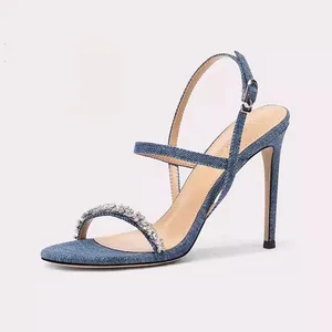 Glamorous Denim Fashion Sandals Adorned With Dazzling Rhinestone Embellishments Boasting Ankle Straps and High Heels