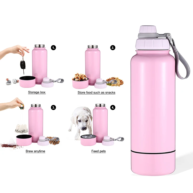 32oz Double Wall Stainless Steel Dog Water Bottle with Rounded Bowl 2-in-1 Multifunction Pet Travel Bottle for Outdoor Use