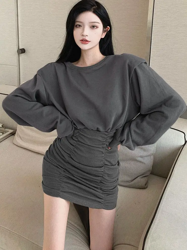 Korean Version Versatile   Dress With Waist Cinching Slimming Effect Short Skirt  Women  Wrapped Buttocks Long sleeves