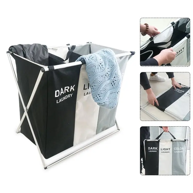 3 Section Laundry Hamper Compartments Foldable Collapsible Canvas Laundry Basket With Metal Rack