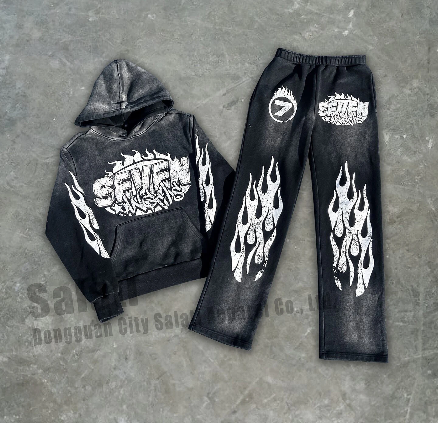 Custom Streetwear Sportswear Tracksuit Set for Men 2PCS Cotton Flare Sweatpants Acid Wash Sweat Suits Hoodie and Sweat Pants Set gallery 7