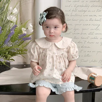 Baby floral doll shirt suit Western style summer new baby clothes cotton shorts two-piece set