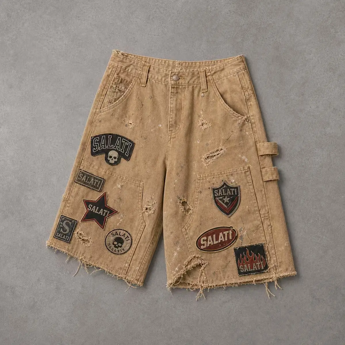 Men's 100% Cotton Streetwear Hip Hop Mid Denim Shorts Custom Logo Breathable Overalls Summer Season Light Washed Embroidered gallery 2