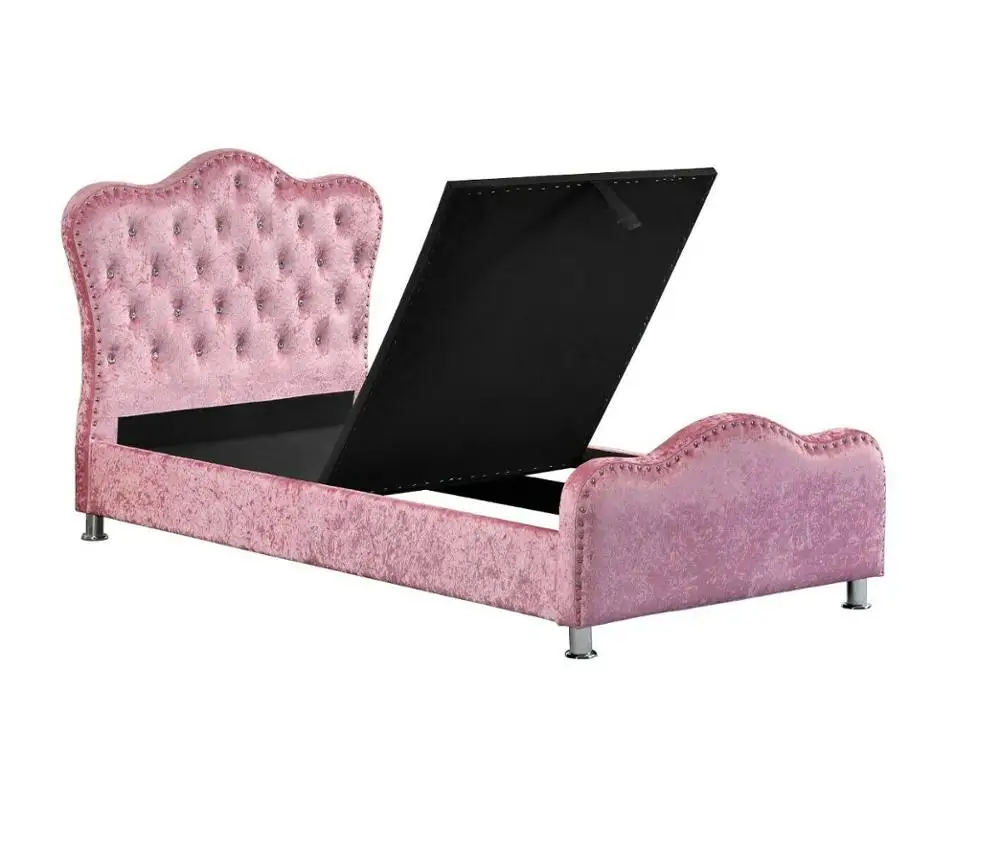 Girls Pink Princess Velvet Crown Bed Single Bed Frame & Under Bed Storage 3FT 