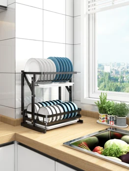 NewFolding stainless steel double deck drain dish rack for kitchen