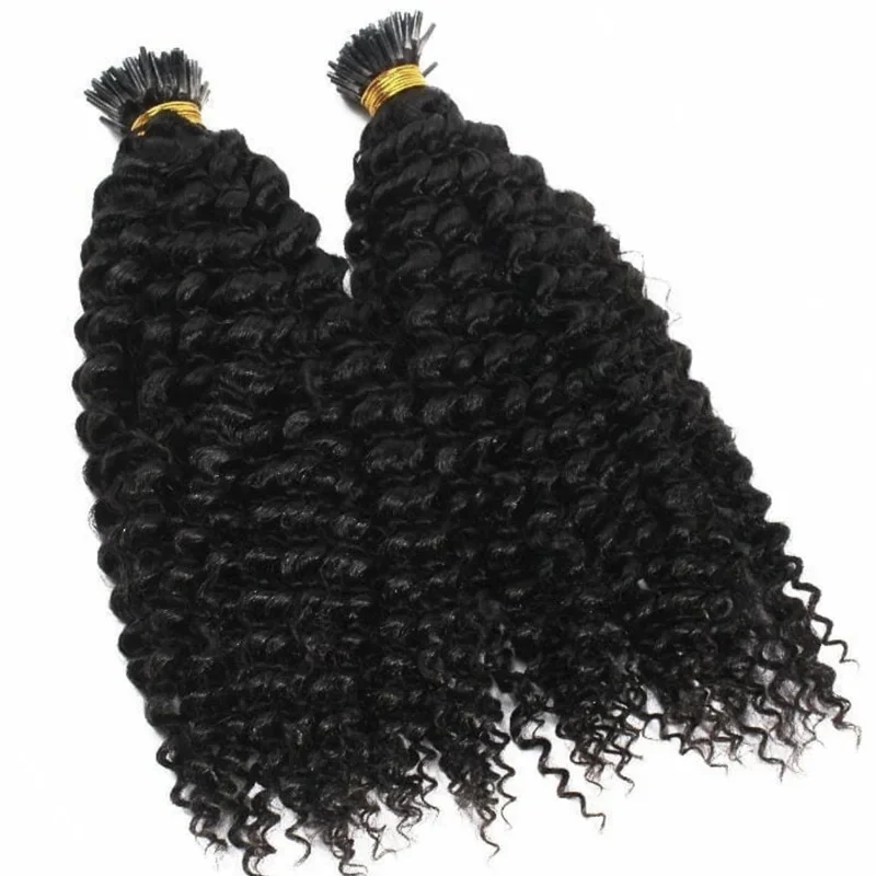 Extension per capelli ricci lunghi e crespi con punta a I per donne, fasci di capelli umani brasiliani, fusione alla rinfusa, cheratina, punta a I, capelli ricci, 100 pezzi_voghion.com