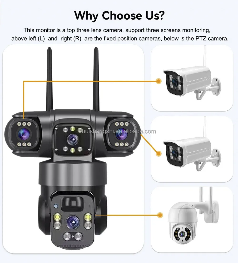 Three Lens Sim Card Solar Outdoor Surveillance Camera PTZ 360 Wireless Wifi  Two Way Audio Auto Tracking 15mp Security Camera 4g