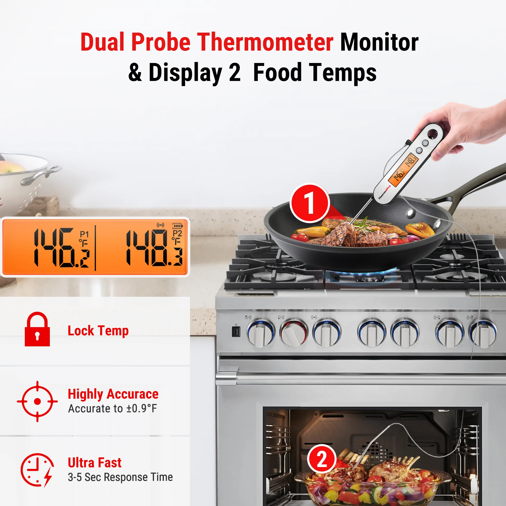 1pc, Meat Thermometers, Double Probe Meat Thermometer With Alarm,  Rechargeable Instant Read Food Thermometer With Rotating Lcd Screen,  Waterproof Cook