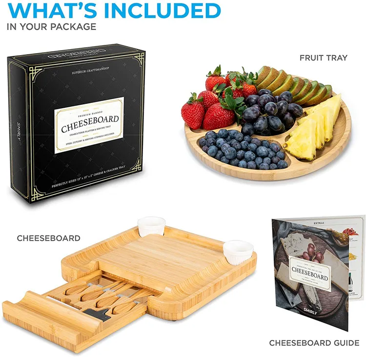 Bamboo Cheese Board and Knife Set: 13 X 13 Inch Wood Charcuterie Platter for Wine, Cheese, Meat