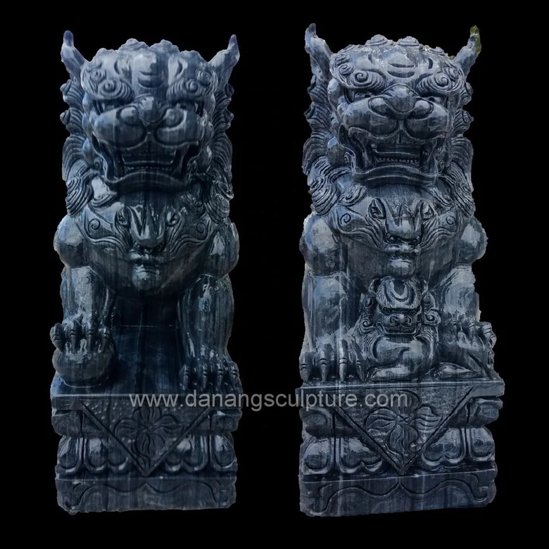 Vietnamese Factory Hand Carved Foo Dog Statue Black Marble Statues Fu